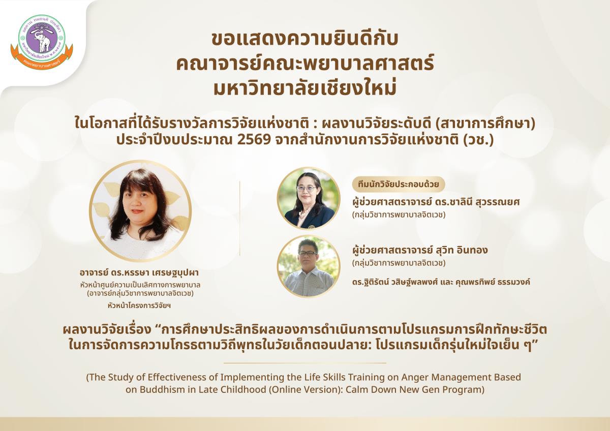 คณาจารย์คณะพยาบาลศาสตร์ มช. รับรางวัลการวิจัยแห่งชาติ : ผลงานวิจัยระดับดี (สาขาการศึกษา) ประจำปีงบประมาณ 2569 จาก วช.