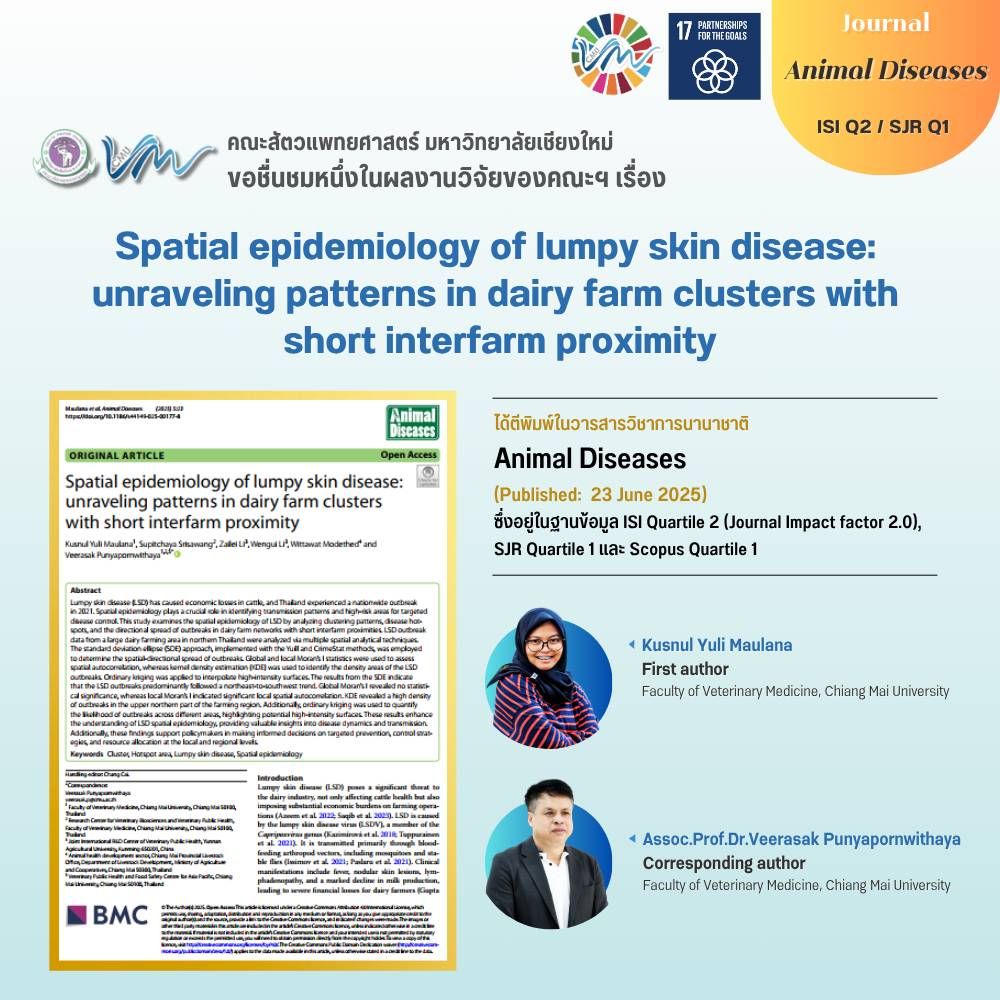 ผลงานวิจัยจากคณะสัตวแพทยศาสตร์ มหาวิทยาลัยเชียงใหม่ เรื่อง Spatial epidemiology of lumpy skin disease: unraveling patterns in dairy farm clusters with short interfarm proximity ได้ตีพิมพ์ในวารสารวิชาการนานาชาติ Animal Diseases (Published: 23 June 2025)