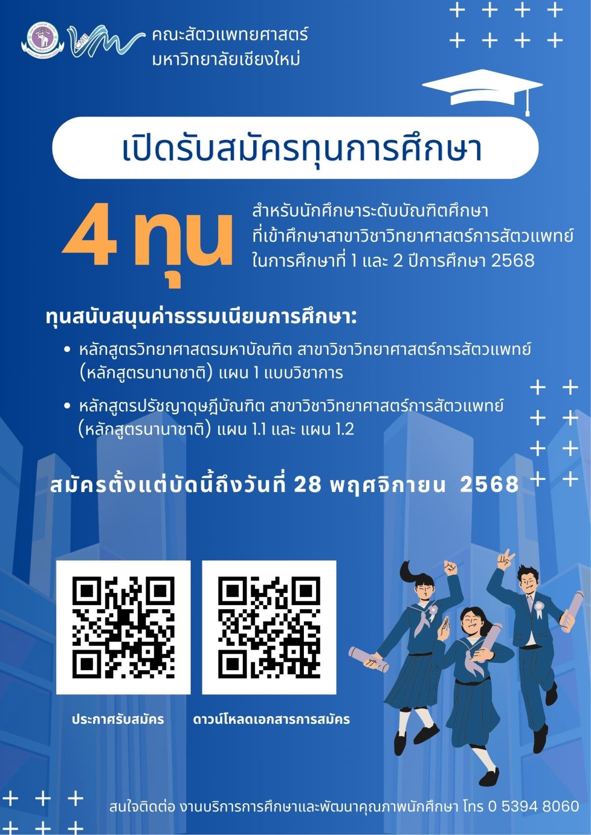 ประกาศทุนการศึกษาระดับบัณฑิตศึกษาสาขาวิชาวิทยาศาสตร์การสัตวแพทย์ ปีการศึกษา 2568 จำนวน 4 ทุน