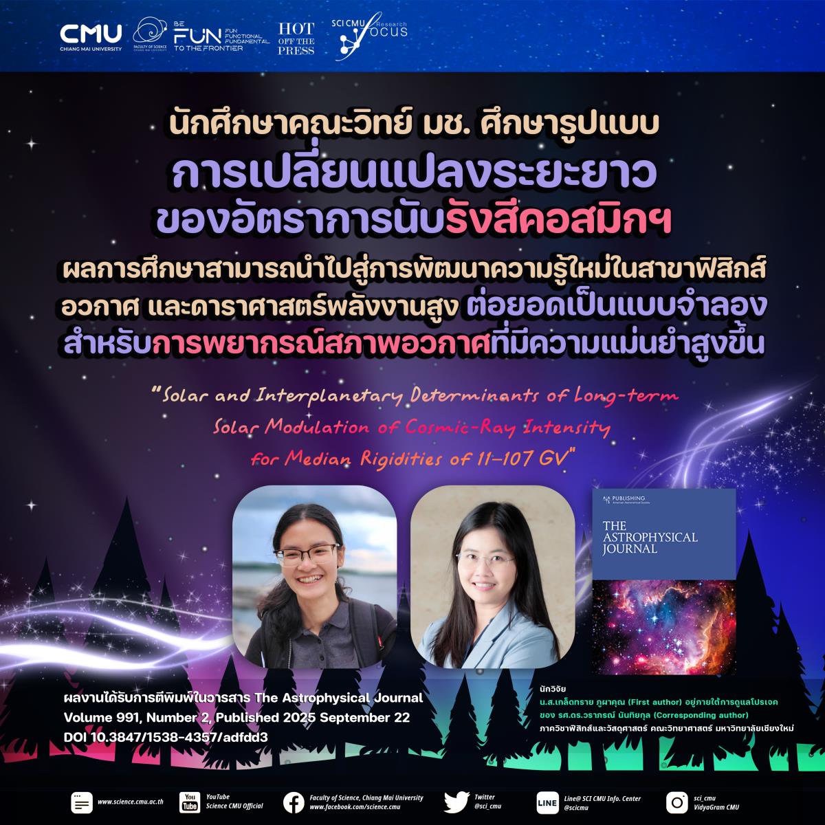 นักศึกษาคณะวิทย์ มช. ศึกษารูปแบบการเปลี่ยนแปลงระยะยาวของอัตราการนับรังสีคอสมิกฯ  เพื่อนำไปสู่การพัฒนาความรู้ใหม่ในสาขาฟิสิกส์อวกาศและดาราศาสตร์พลังงานสูง