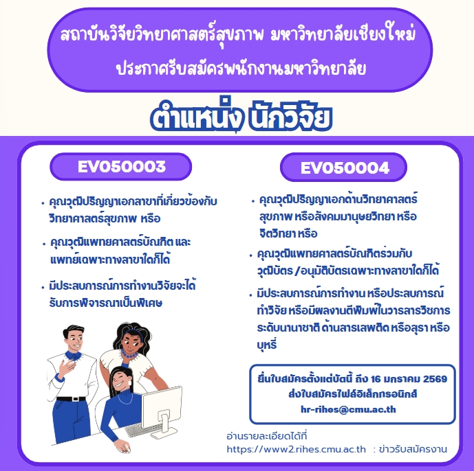 ประกาศขยายเวลารับสมัครบุคคลเพื่อบรรจุเป็นพนักงานมหาวิทยาลัย ตำแหน่ง นักวิจัย จำนวน 2 อัตรา