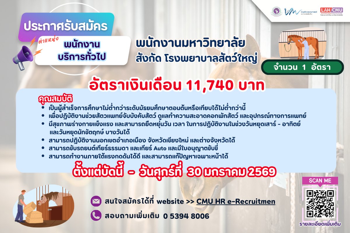 คณะสัตวแพทย์ มช.ประกาศรับสมัคร ต.พนักงานบริการทั่วไป จำนวน 1 อัตรา