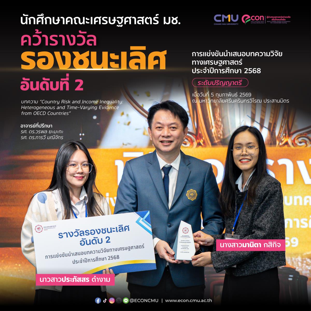 นักศึกษาคณะเศรษฐศาสตร์ มช. คว้ารางวัลรองชนะเลิศอันดับที่ 2