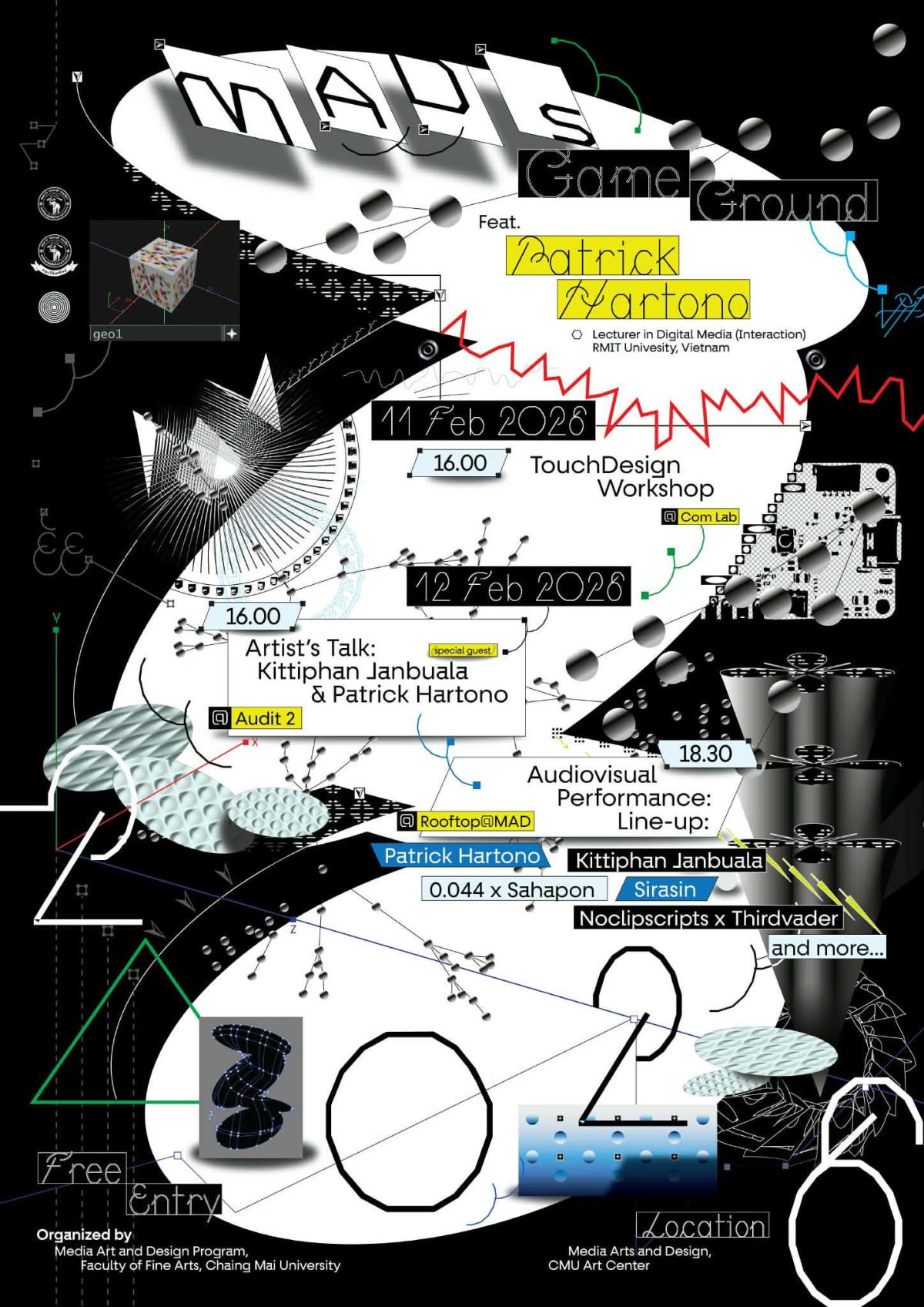 สาขาวิชาสื่อศิลปะและการออกแบบสื่อ คณะวิจิตรศิลป์ มหาวิทยาลัยเชียงใหม่ ขอเชิญชวนผู้ที่สนใจด้าน Digital Art, Interactive Media และ Audiovisual Art เข้าร่วมกิจกรรม MADs GameGround (GG)