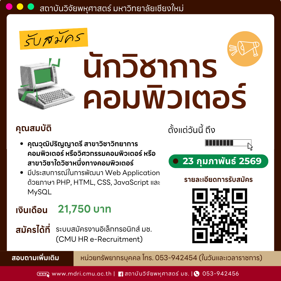 ประกาศรับสมัครงาน: สถาบันวิจัยพหุศาสตร์ มช.  เปิดรับสมัครบุคคลเพื่อคัดเลือกและบรรจุเป็นพนักงานมหาวิทยาลัย